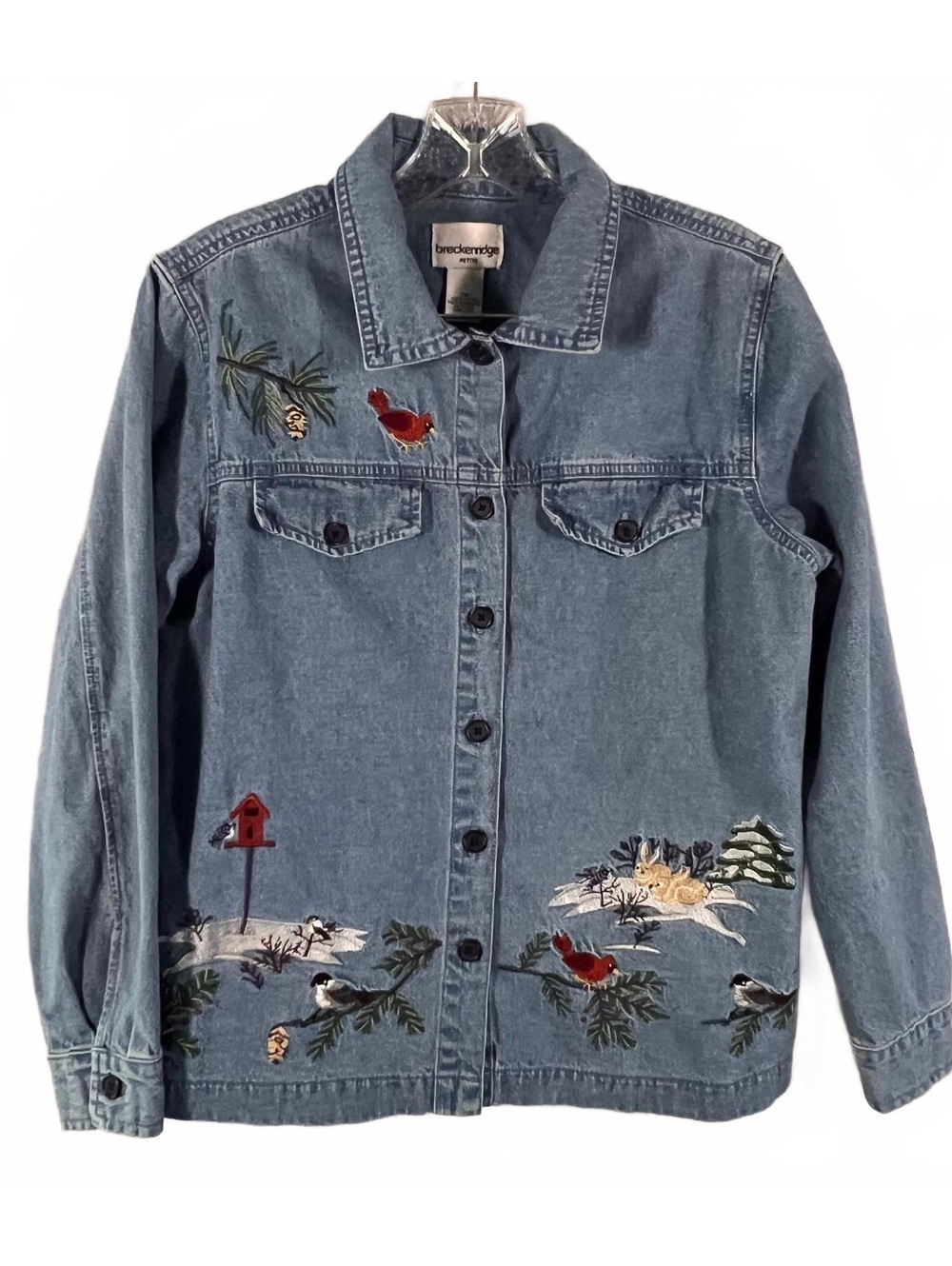 Breckenridge Petite Denim Jacket with Embroidered Winter Scene Size M